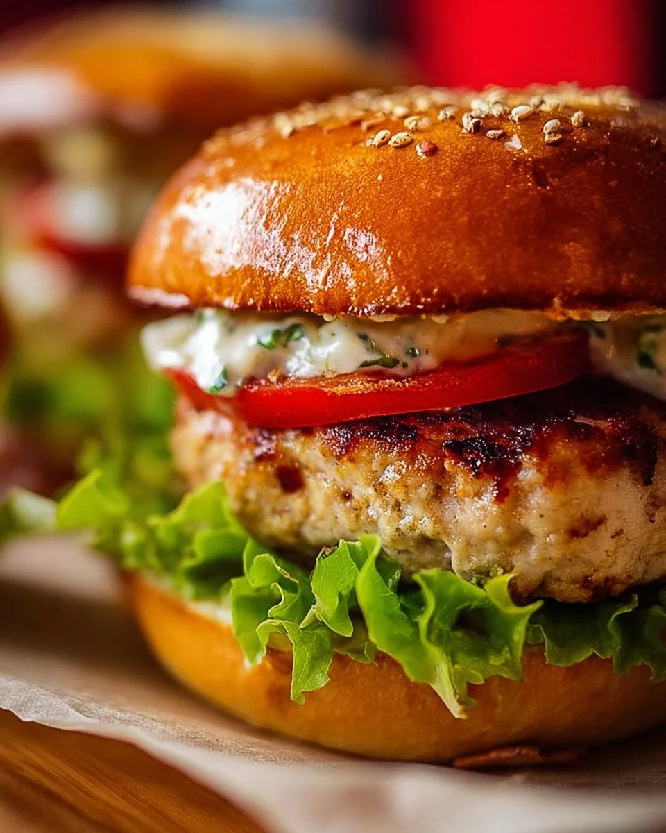 Homemade ground turkey burgers served on a plate with fresh toppings and sides.