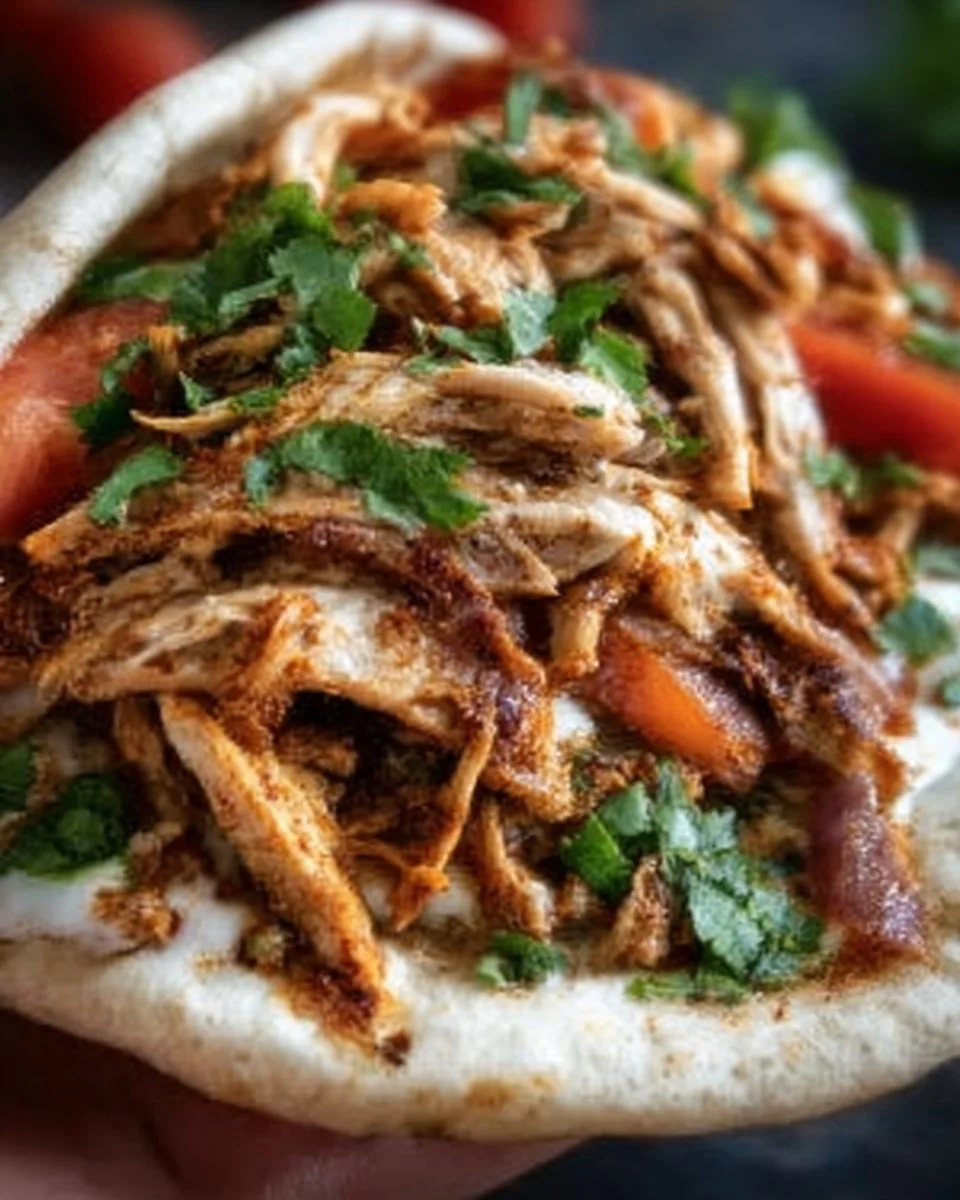 Hands-Off Slow Cooker Chicken Shawarma 1 Slow cooker chicken shawarma served with fresh vegetables and pita bread