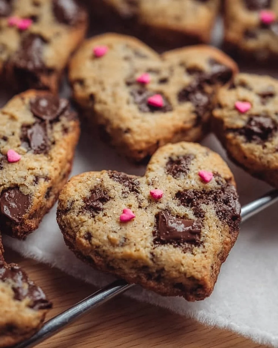 Heart-shaped chocolate chip cookies decorated with chocolate chips