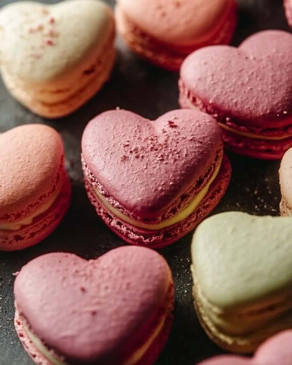 Heart-Shaped Macarons 1 Heart-shaped macarons in assorted colors and flavors on a decorative plate