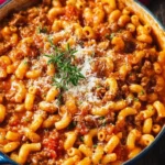 Hearty ground turkey goulash served in a bowl with fresh herbs