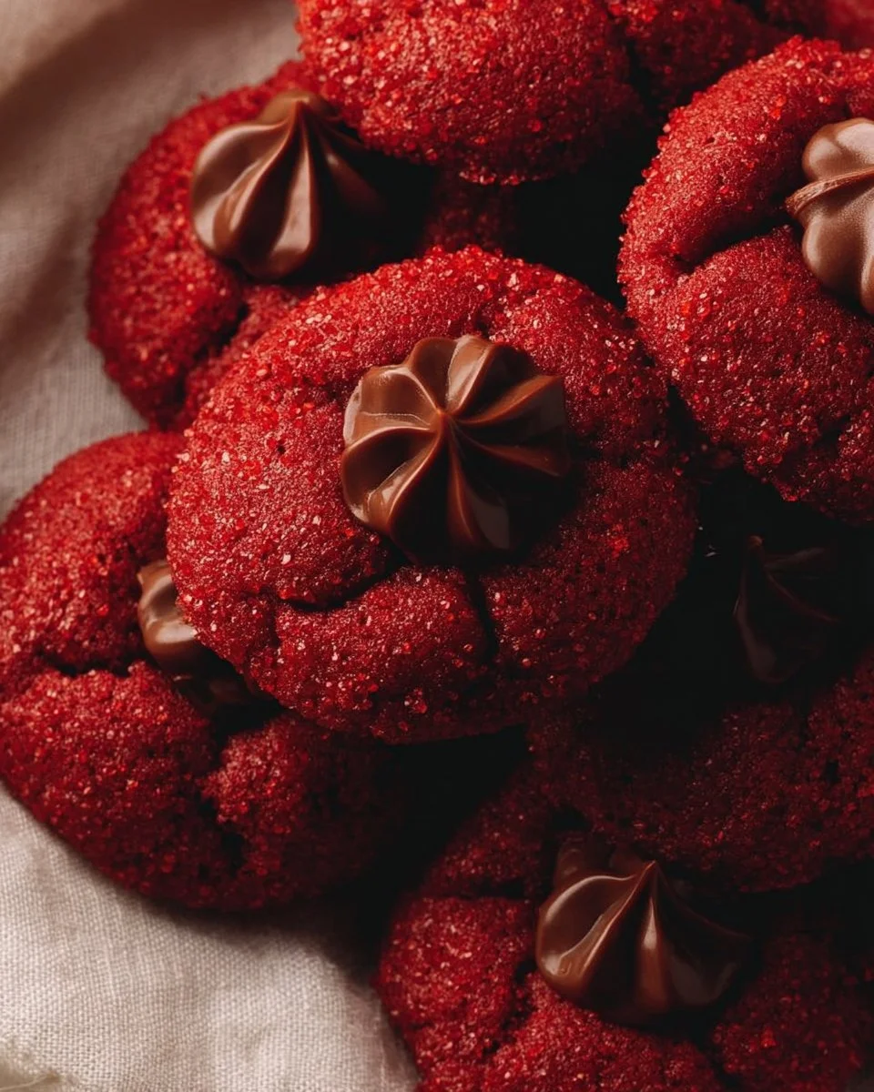 Hershey's Red Velvet Blossoms cookies, showcasing rich red velvet flavor and festive decorations.