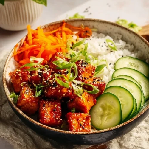 High protein gochujang tofu dish garnished with fresh vegetables.