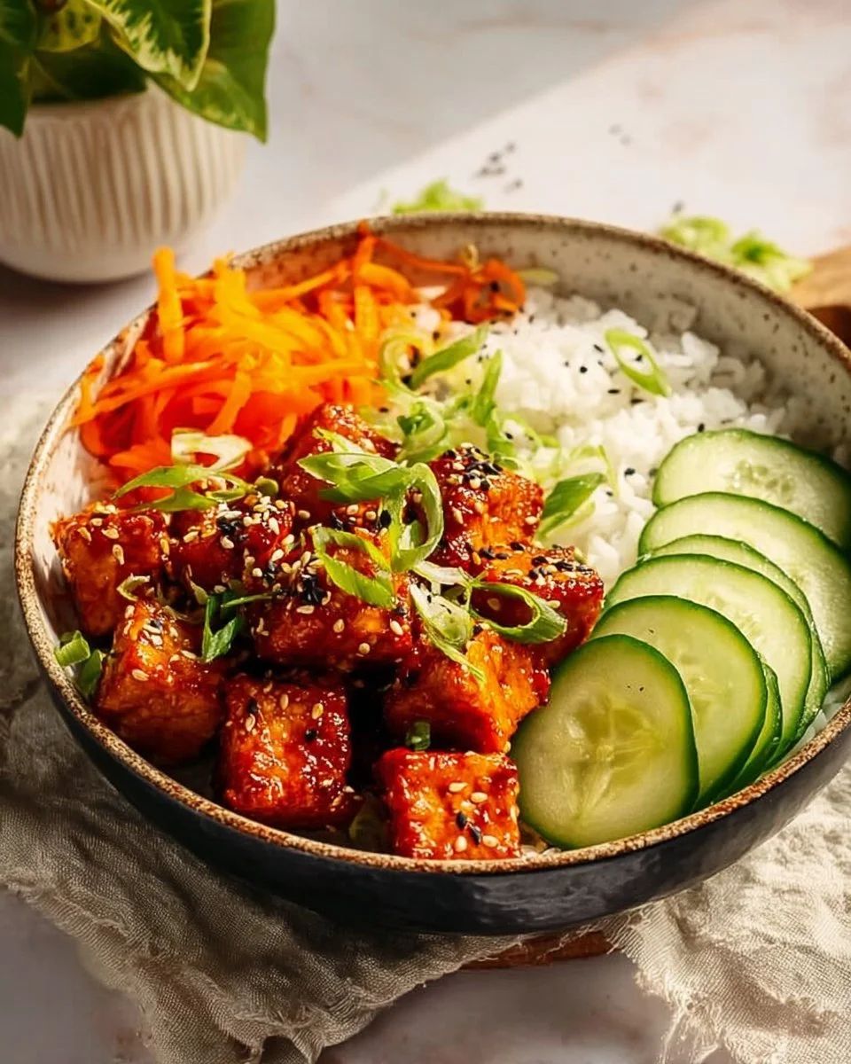 High protein gochujang tofu dish garnished with fresh vegetables.