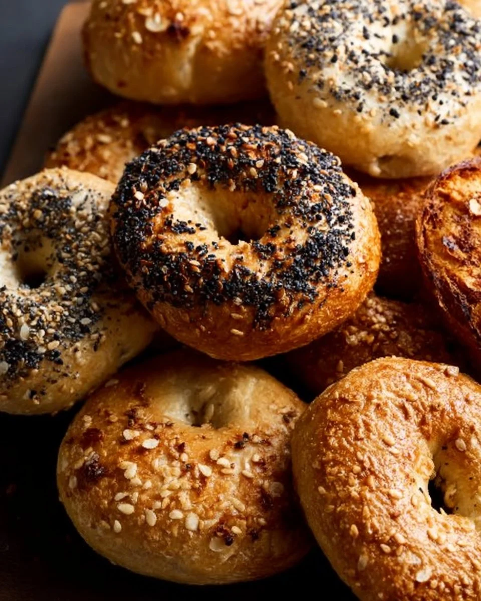 Freshly baked homemade bagels on a wooden table
