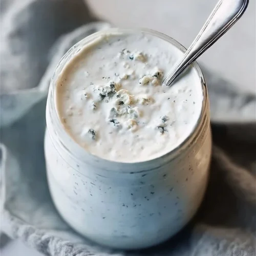 Delicious homemade blue cheese dressing served in a bowl with fresh vegetables.