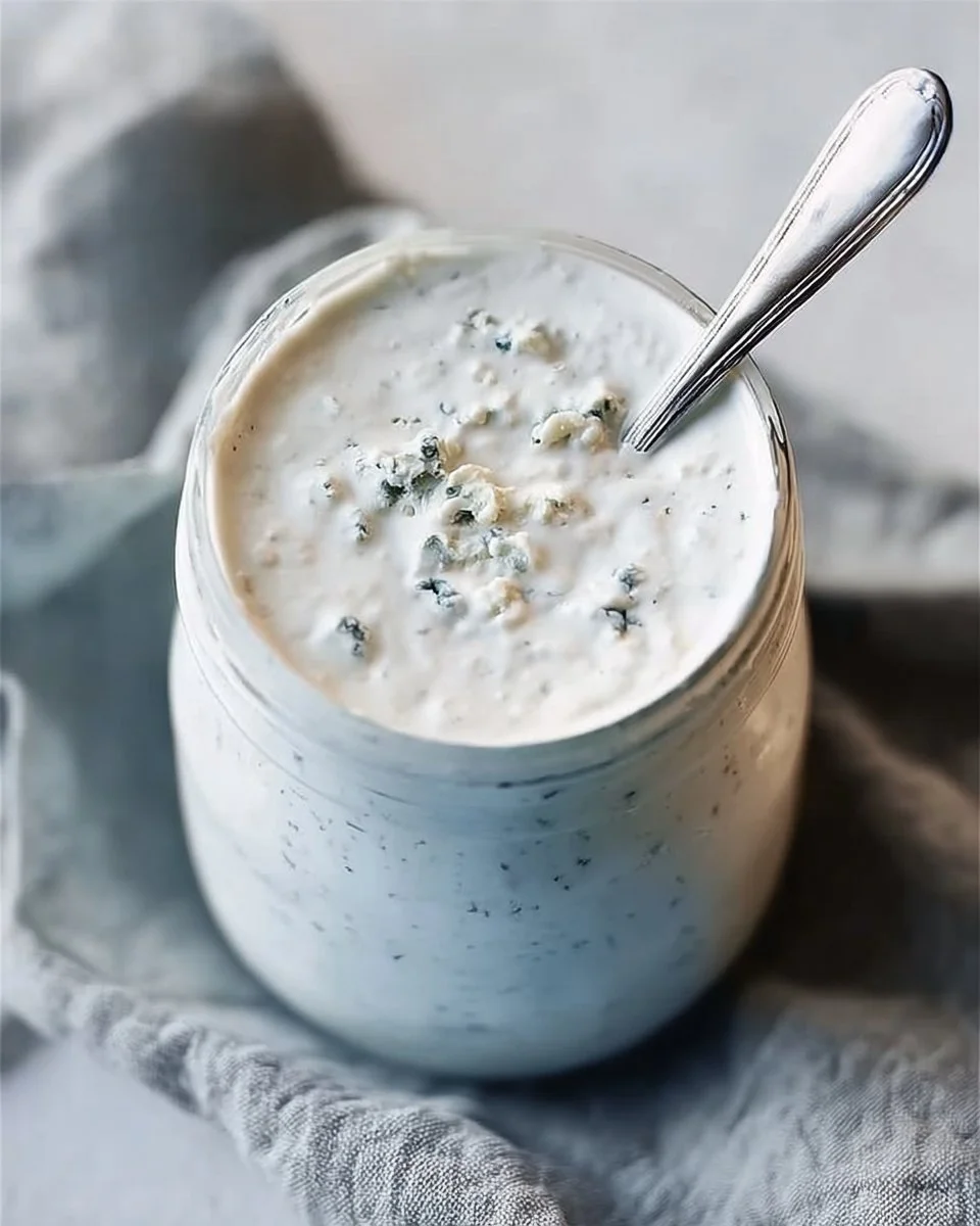 Delicious homemade blue cheese dressing served in a bowl with fresh vegetables.