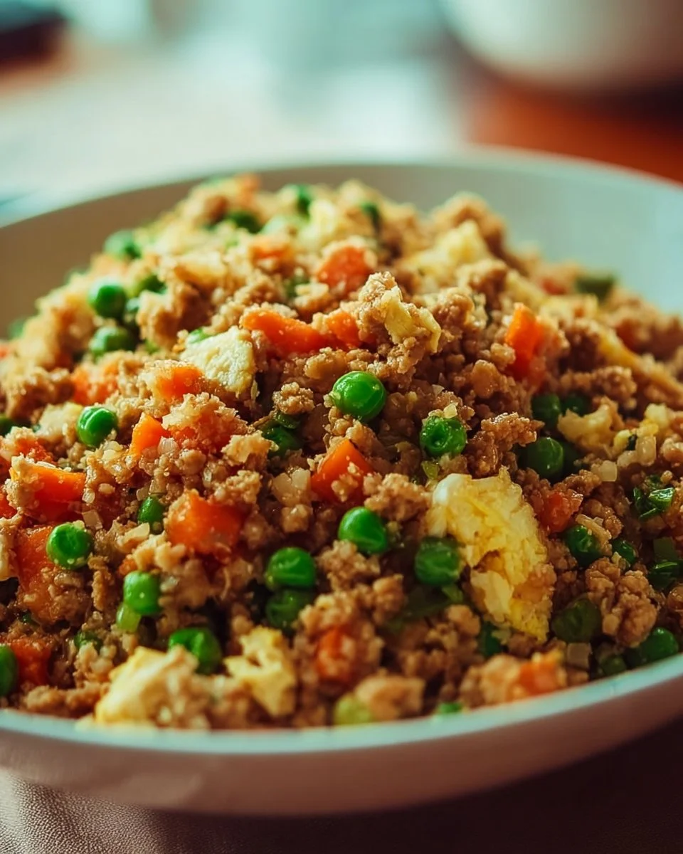 Homemade Cauliflower Fried Rice with Ground Turkey 1 Homemade cauliflower fried rice with ground turkey served in a bowl