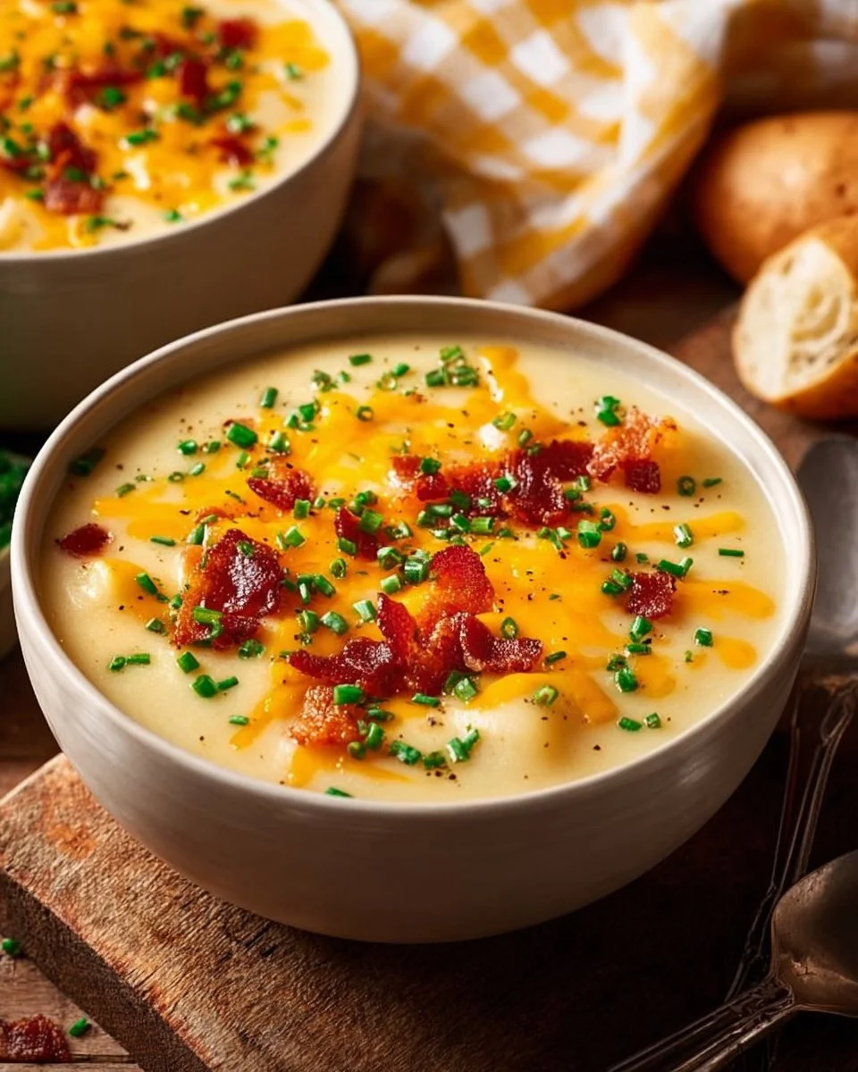 Homemade Instant Pot Potato Soup 1 Creamy homemade Instant Pot potato soup served in a bowl with herbs.