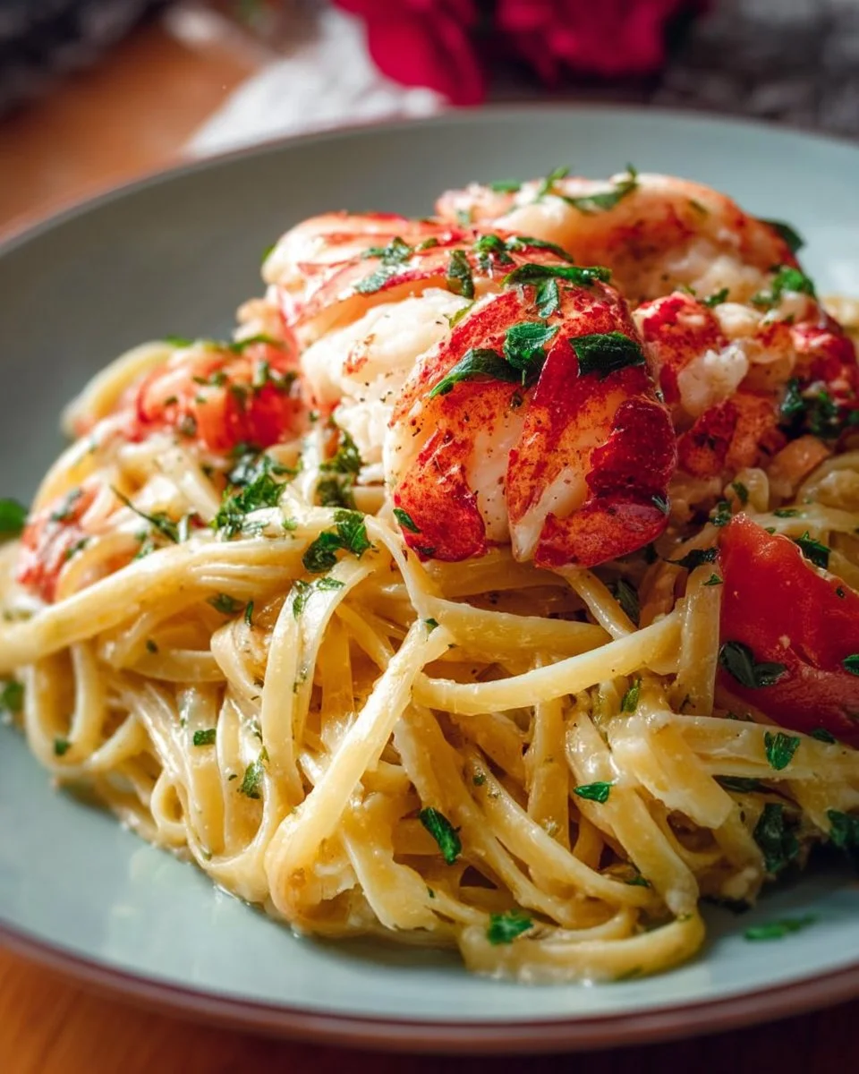 Delicious homemade lobster tail pasta served with creamy sauce and herbs