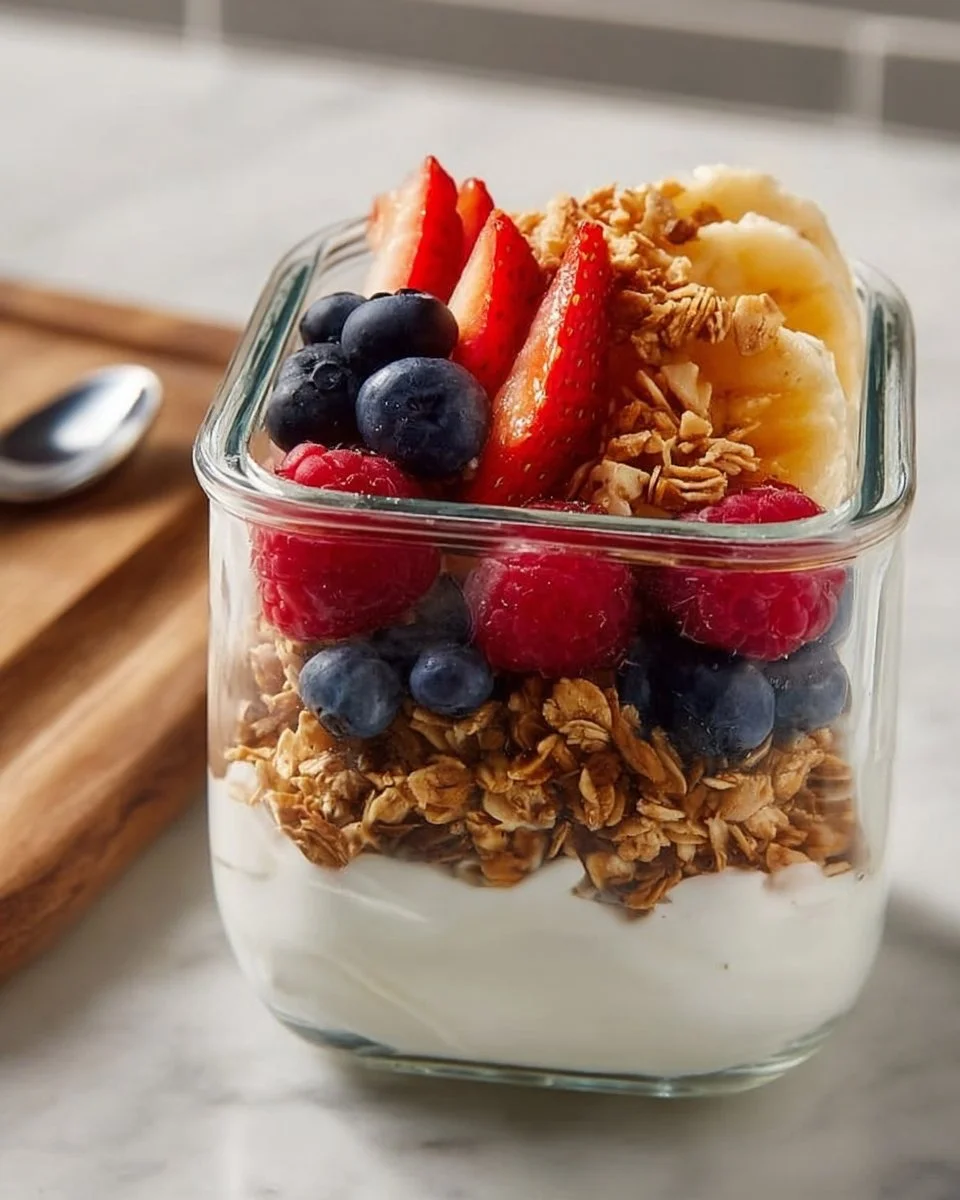 Delicious homemade Greek yogurt parfait layered with fruits and granola