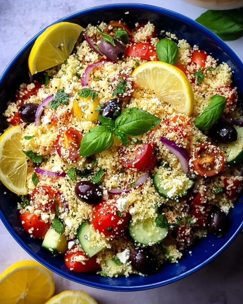 Homemade Mediterranean Couscous Salad with Feta 1 Delicious homemade Mediterranean Couscous Salad with feta cheese and vibrant vegetables.