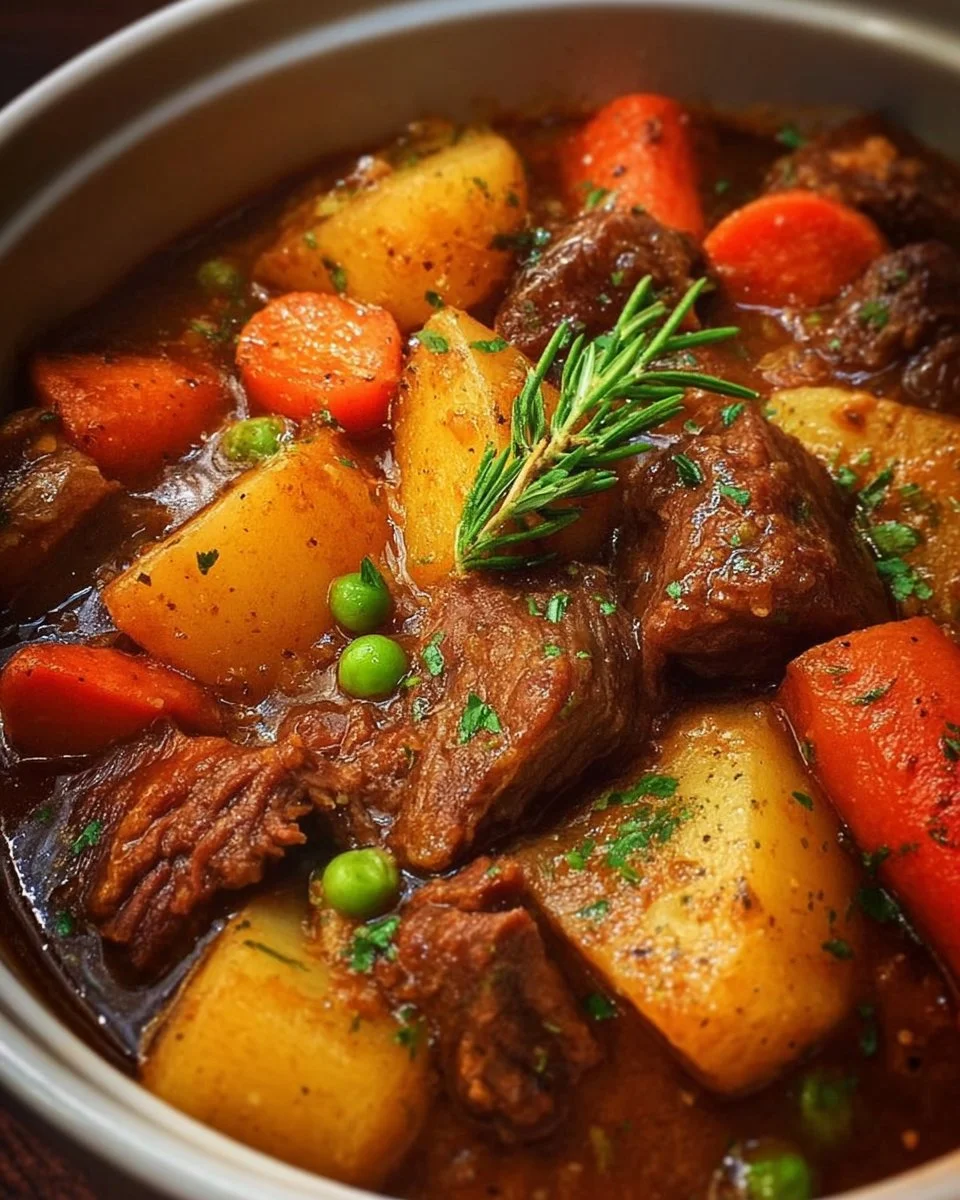 Delicious homestyle crockpot beef stew in a bowl with vegetables and herbs