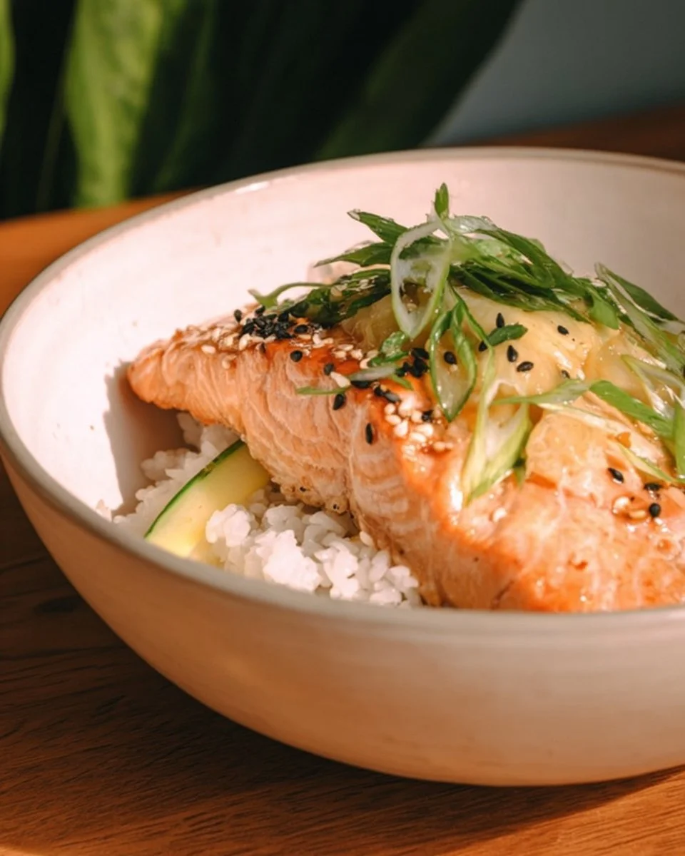 Delicious miso butter salmon served with ginger rice, cooked in an Instant Pot.