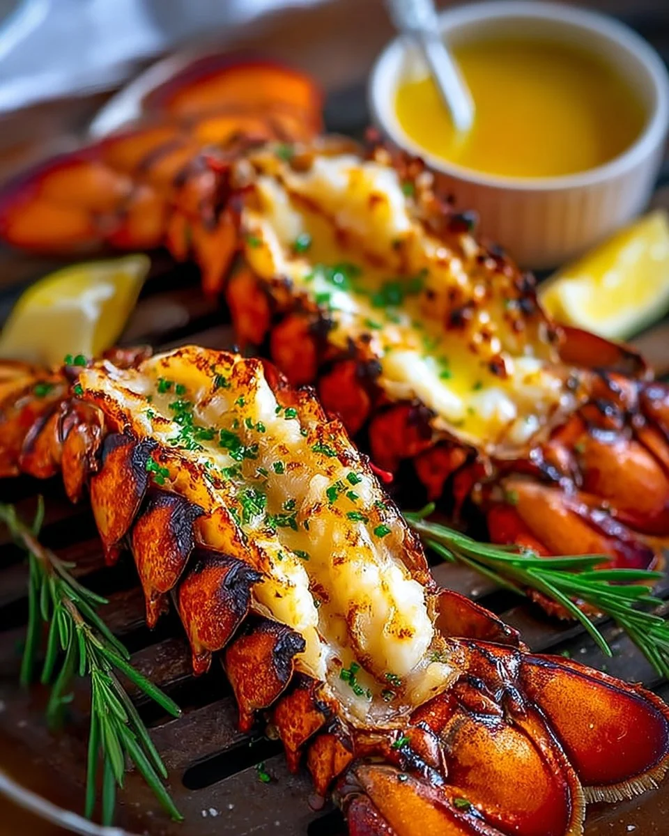 Irresistible Grilled Lobster Tails 1 Delicious grilled lobster tails served on a plate with lemon and herbs.