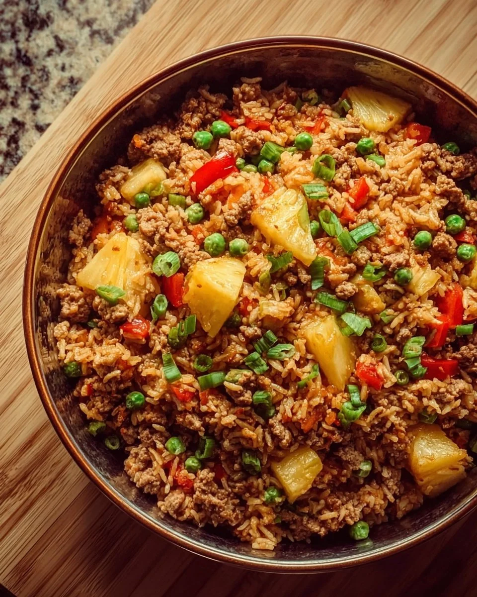 Irresistible Ground Turkey and Pineapple Fried Rice 1 Delicious turkey fried rice with ground turkey and pineapple in a bowl