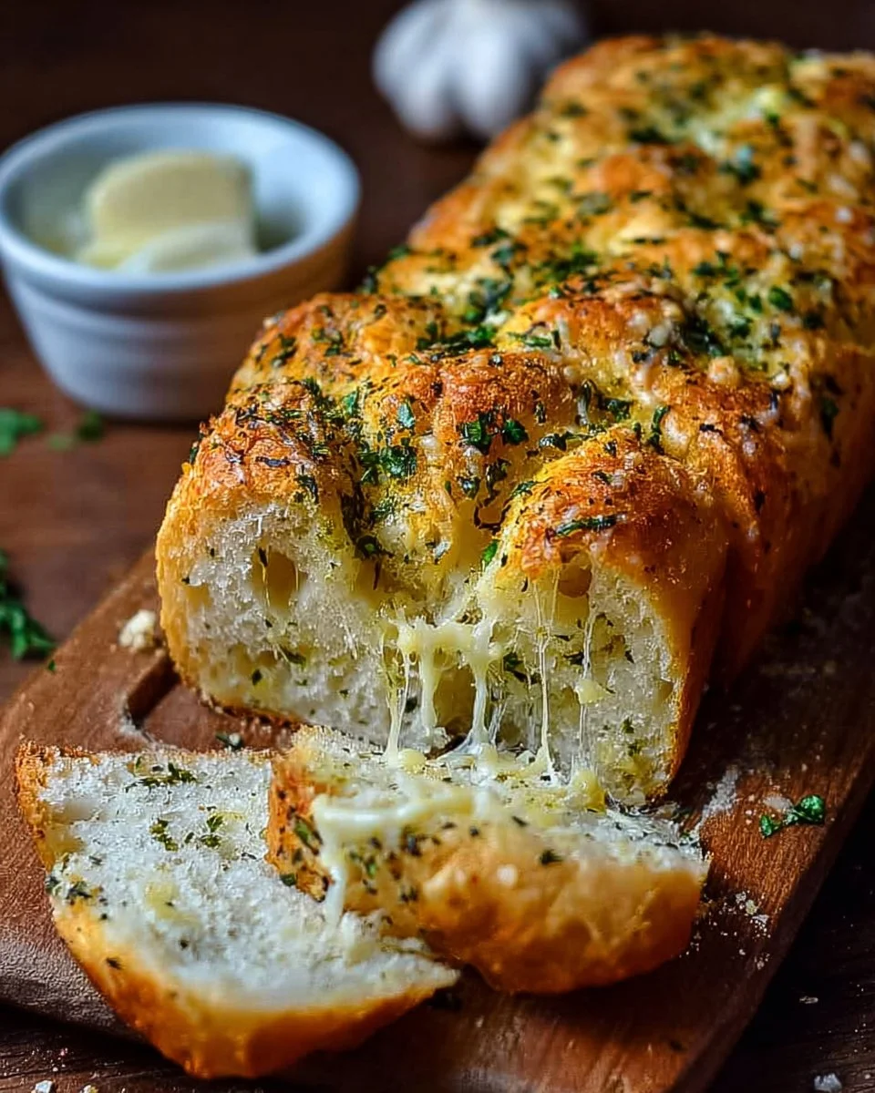 Loaf of garlic parmesan bread with herbs ready to serve.