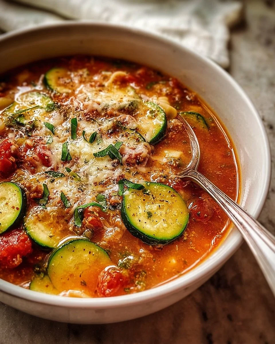 Bowl of Italian Zucchini Lasagna Soup topped with fresh basil and cheese.