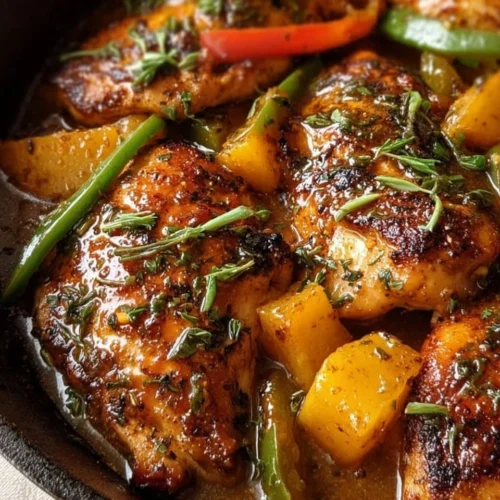 Jalapeño peach chicken dish garnished with fresh herbs and served on a plate