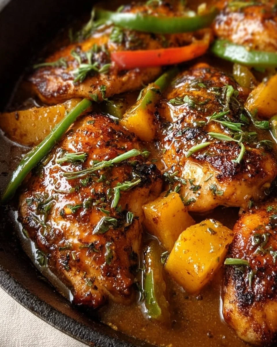 Jalapeño peach chicken dish garnished with fresh herbs and served on a plate
