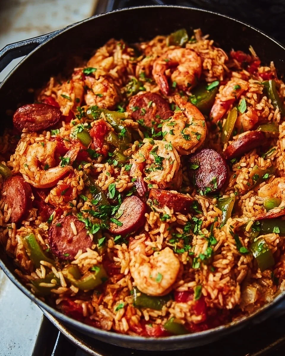 A delicious bowl of jambalaya garnished with parsley and a slice of lemon.