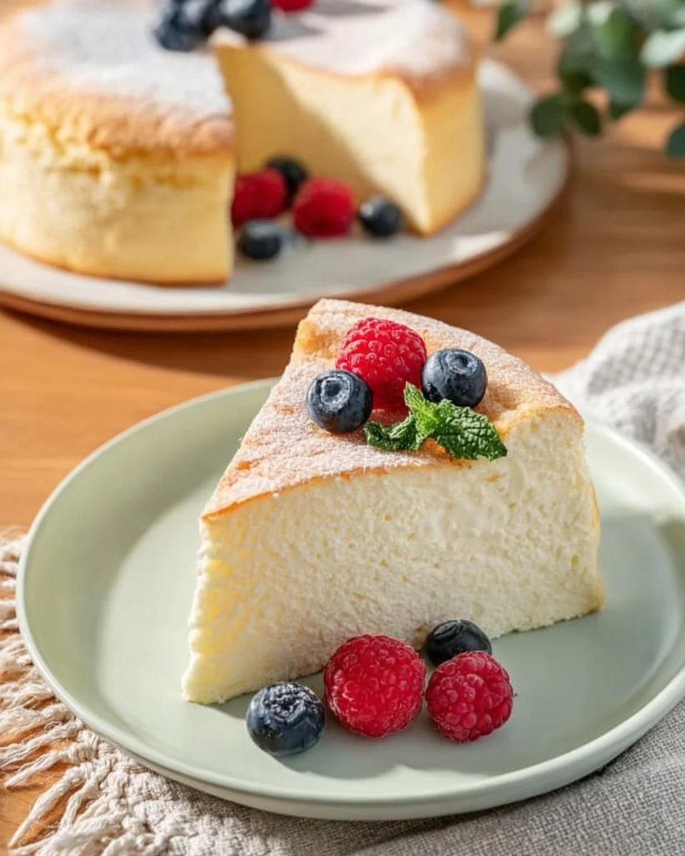Fluffy Japanese Cotton Cheesecake slice on a plate with strawberries