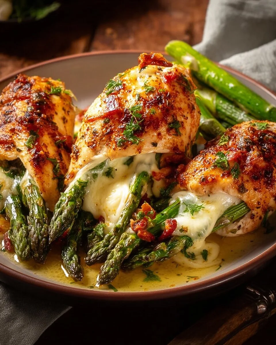 Juicy stuffed chicken breast with asparagus on a plate, garnished and ready to serve.