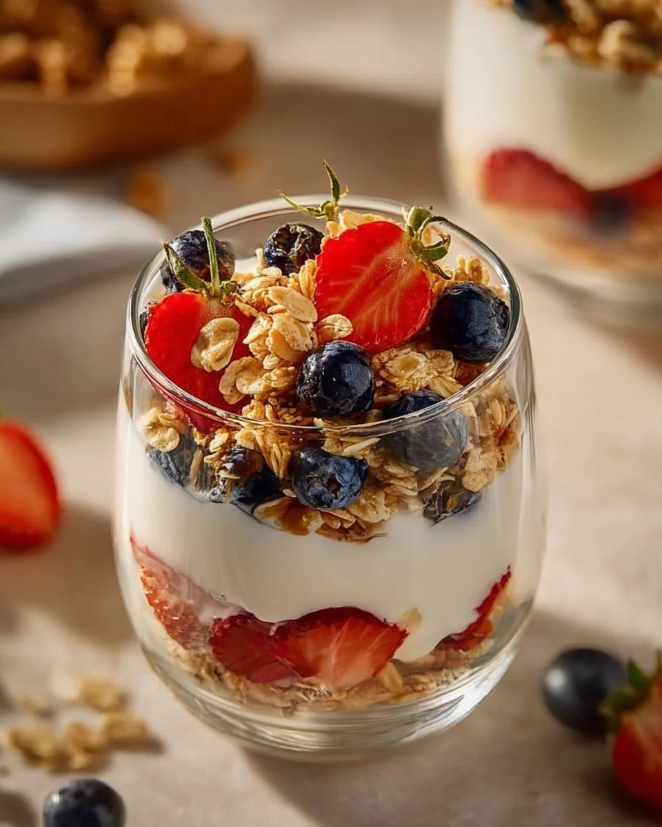 Layered Greek Yogurt Parfait 1 Layered Greek Yogurt Parfait with fresh fruit and granola