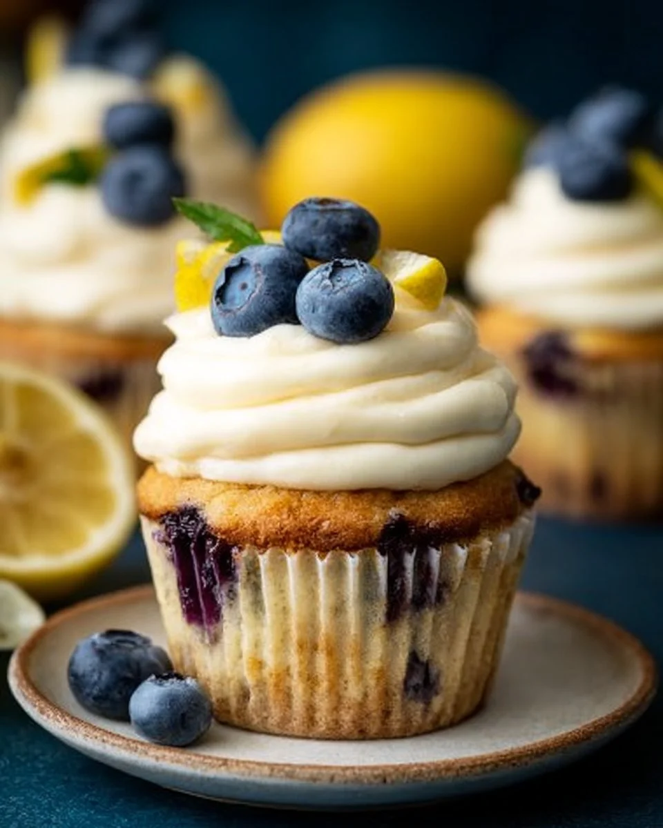 Lemon Blueberry Cupcakes 1 Lemon blueberry cupcakes with frosting and fresh berries