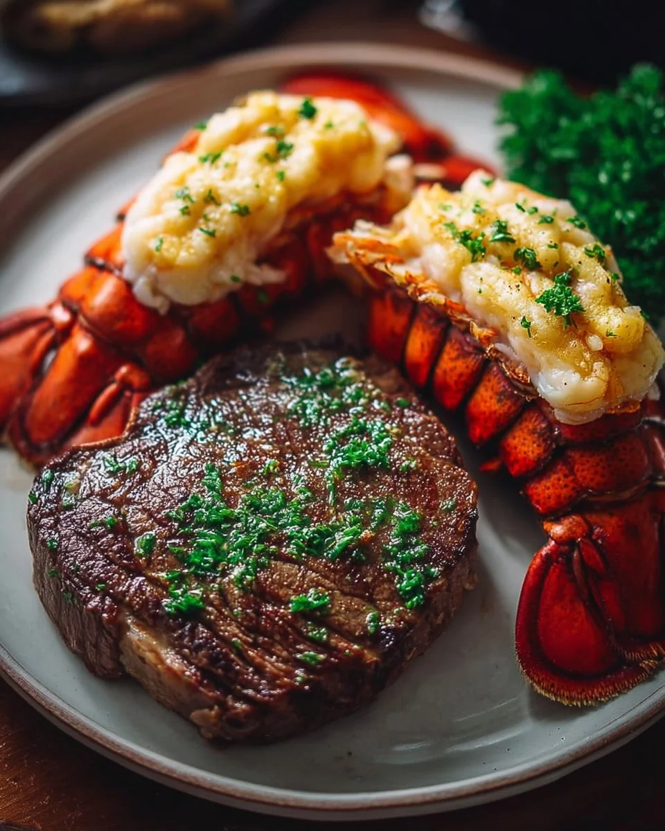 Delicious lobster tail paired with a perfectly cooked steak on a plate.