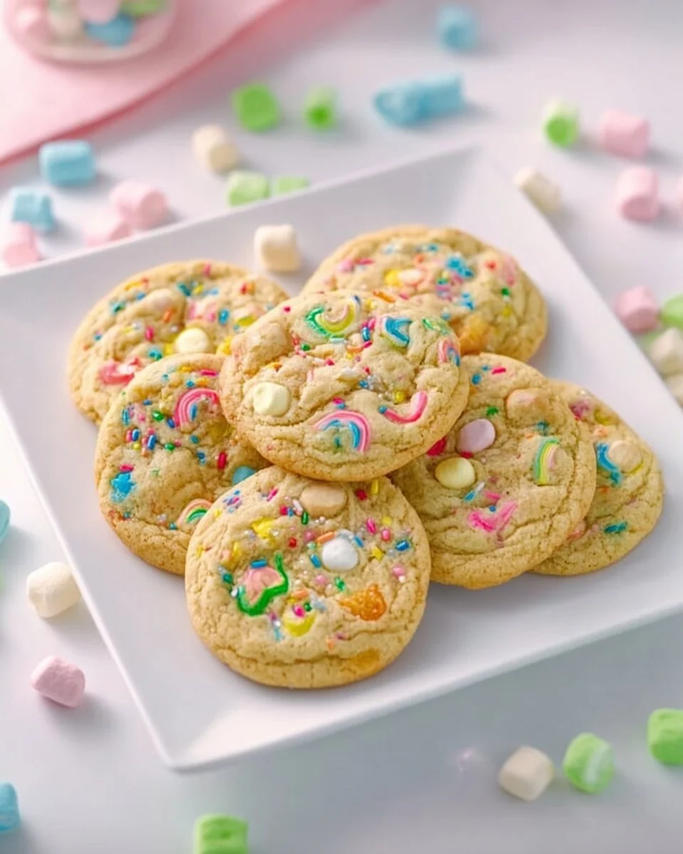 Delicious Lucky Charms Cookies with colorful marshmallows and cookie dough.