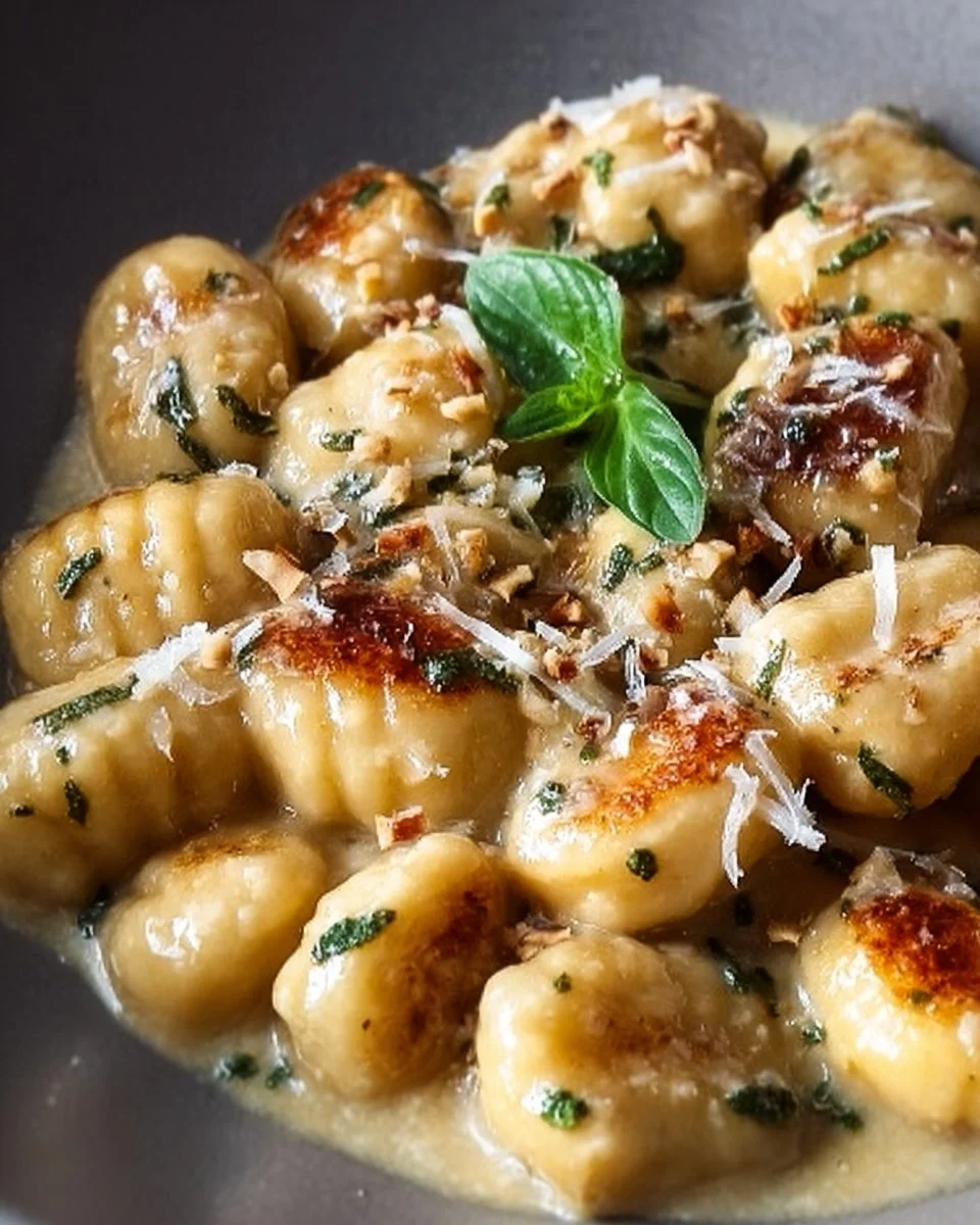 Bowl of millionaire gnocchi topped with creamy sauce and fresh herbs