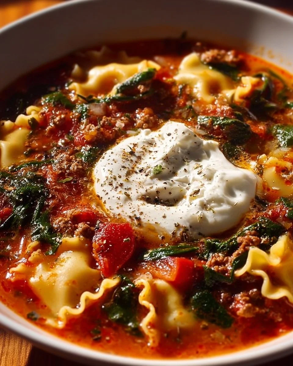 Delicious bowl of lasagna soup topped with cottage cheese and fresh herbs