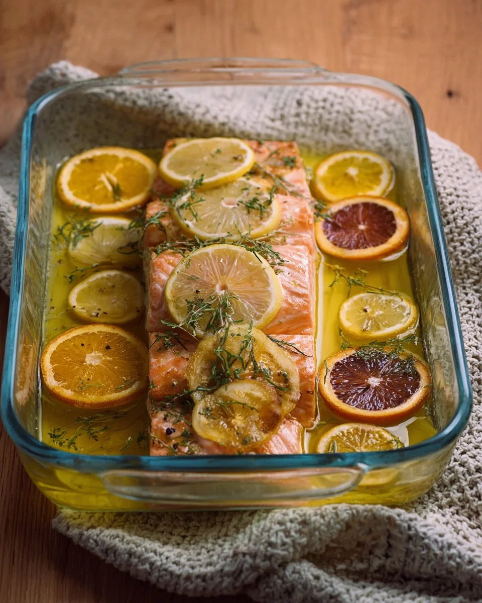 Delicious olive oil-poached salmon with fennel and citrus served on a plate