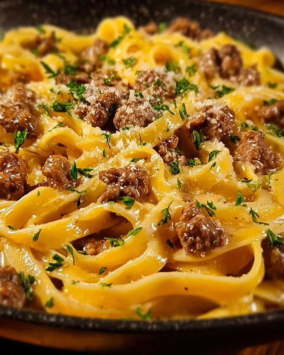One-Pot Creamy Beef and Garlic Butter Pasta 1 One-pot creamy beef pasta with garlic butter served in a bowl