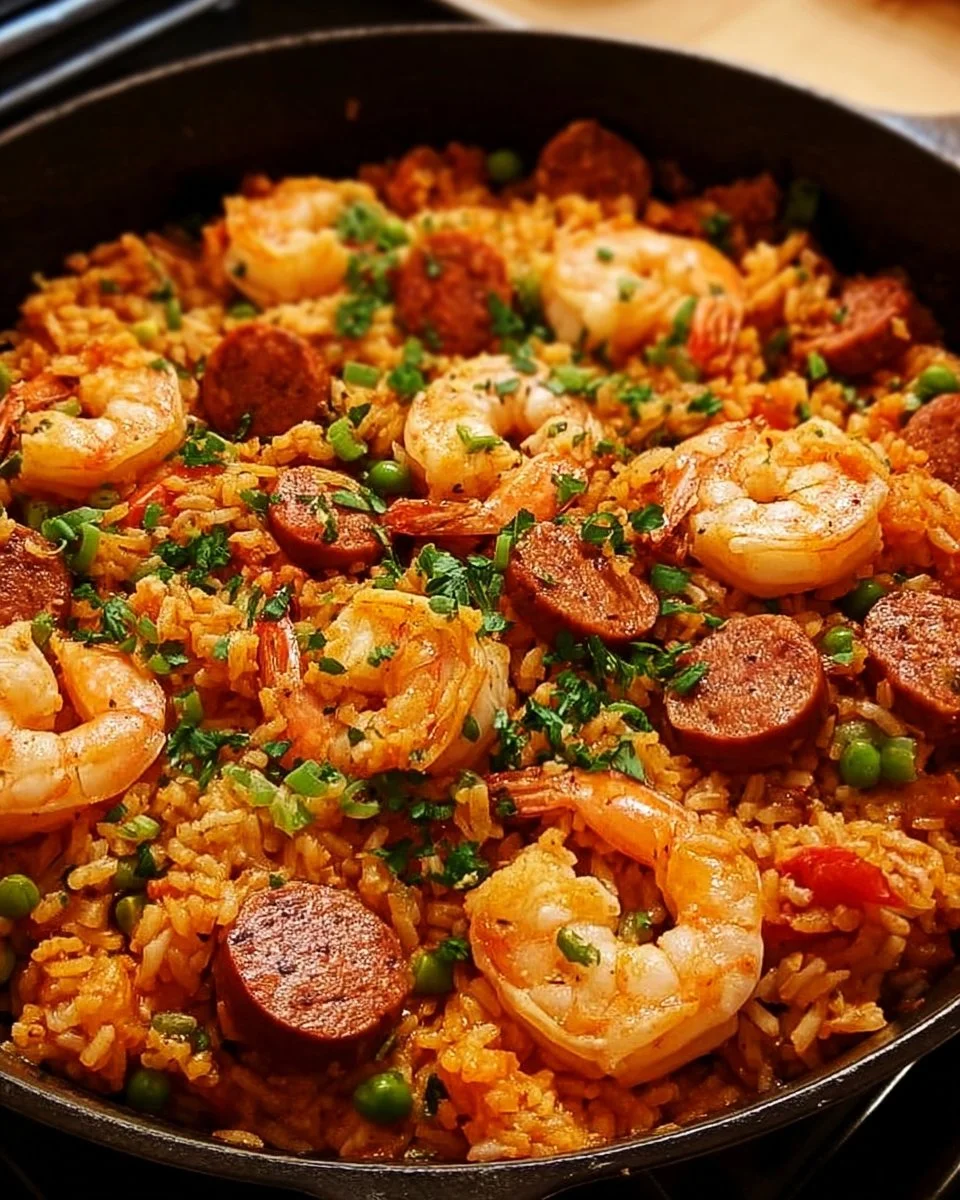 One Pot Shrimp and Sausage Jambalaya 1 Delicious one pot shrimp jambalaya with sausage and spices in a bowl