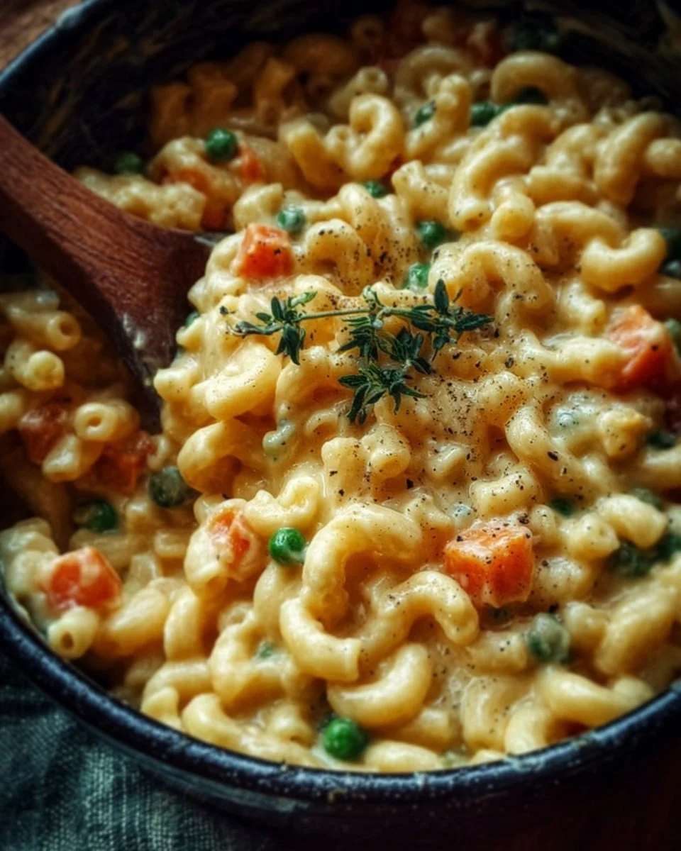 One Pot Veggie Mac and Cheese served in a bowl, featuring colorful vegetables.