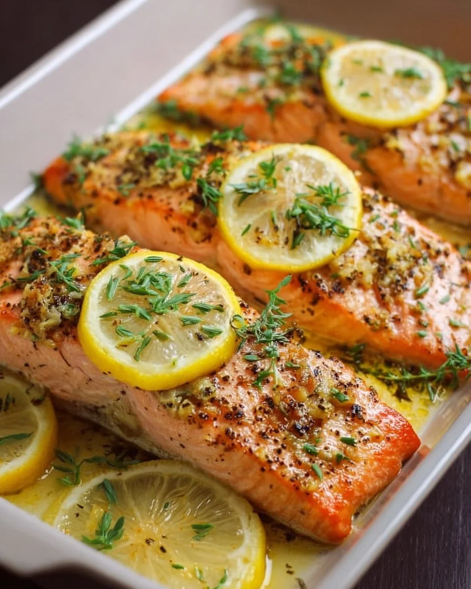 Oven-Baked Lemon Garlic Salmon garnished with herbs and lemon slices