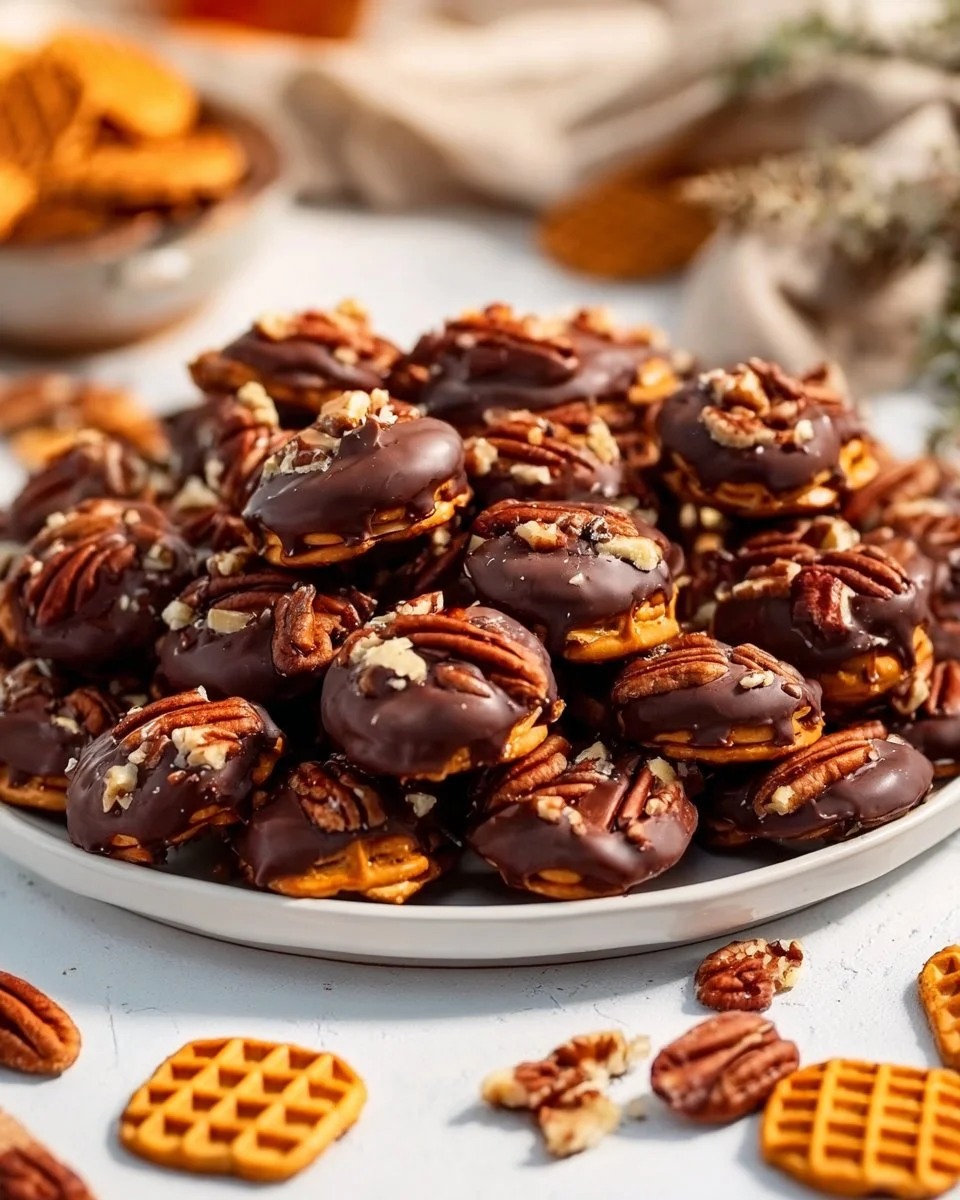 Delicious Pecan Rolo Pretzels topped with caramel and pecans
