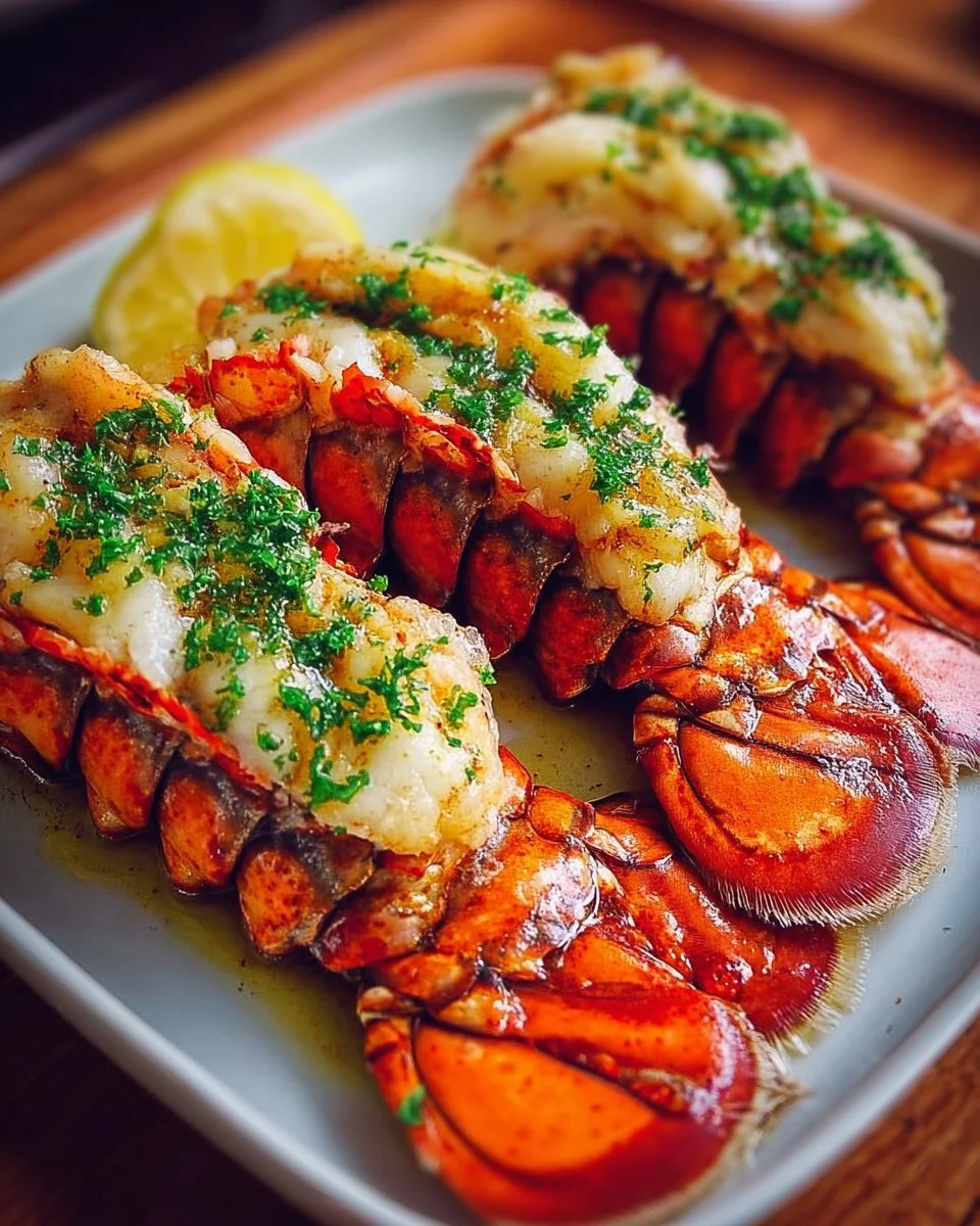 Perfectly baked lobster tails ready to serve with butter and herbs
