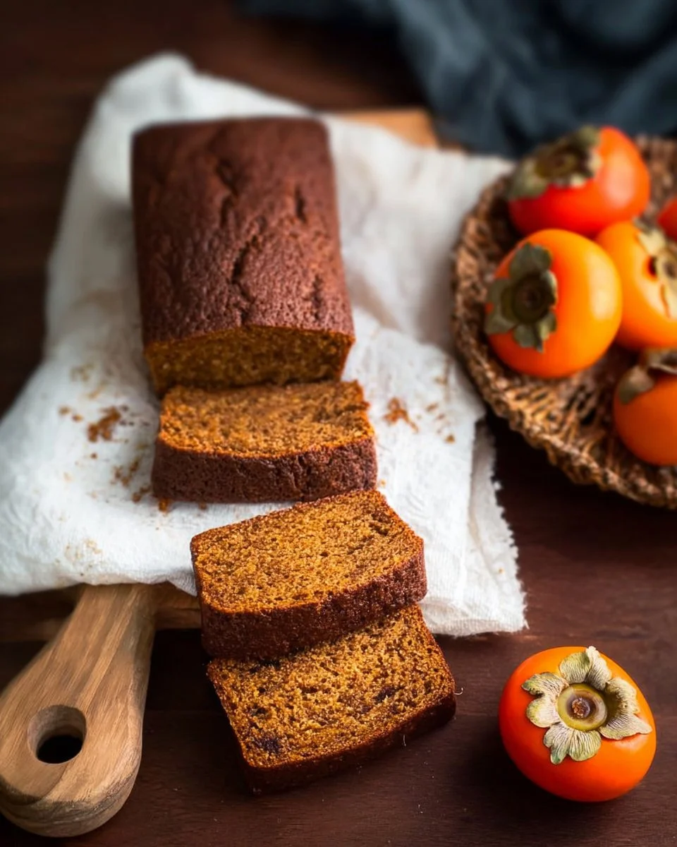 Persimmon Bread 1 Freshly baked persimmon bread on a wooden table with autumn leaves