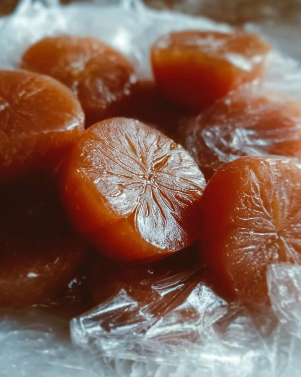 Dried persimmon candy displayed on a wooden table.