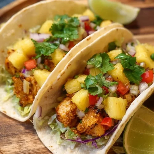 Pineapple Chicken Tacos 2 Delicious Pineapple Chicken Tacos garnished with fresh herbs and served in a tortilla.