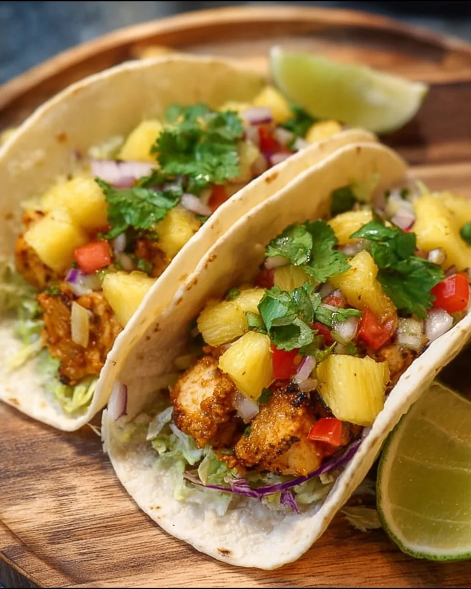 Pineapple Chicken Tacos 1 Delicious Pineapple Chicken Tacos garnished with fresh herbs and served in a tortilla.