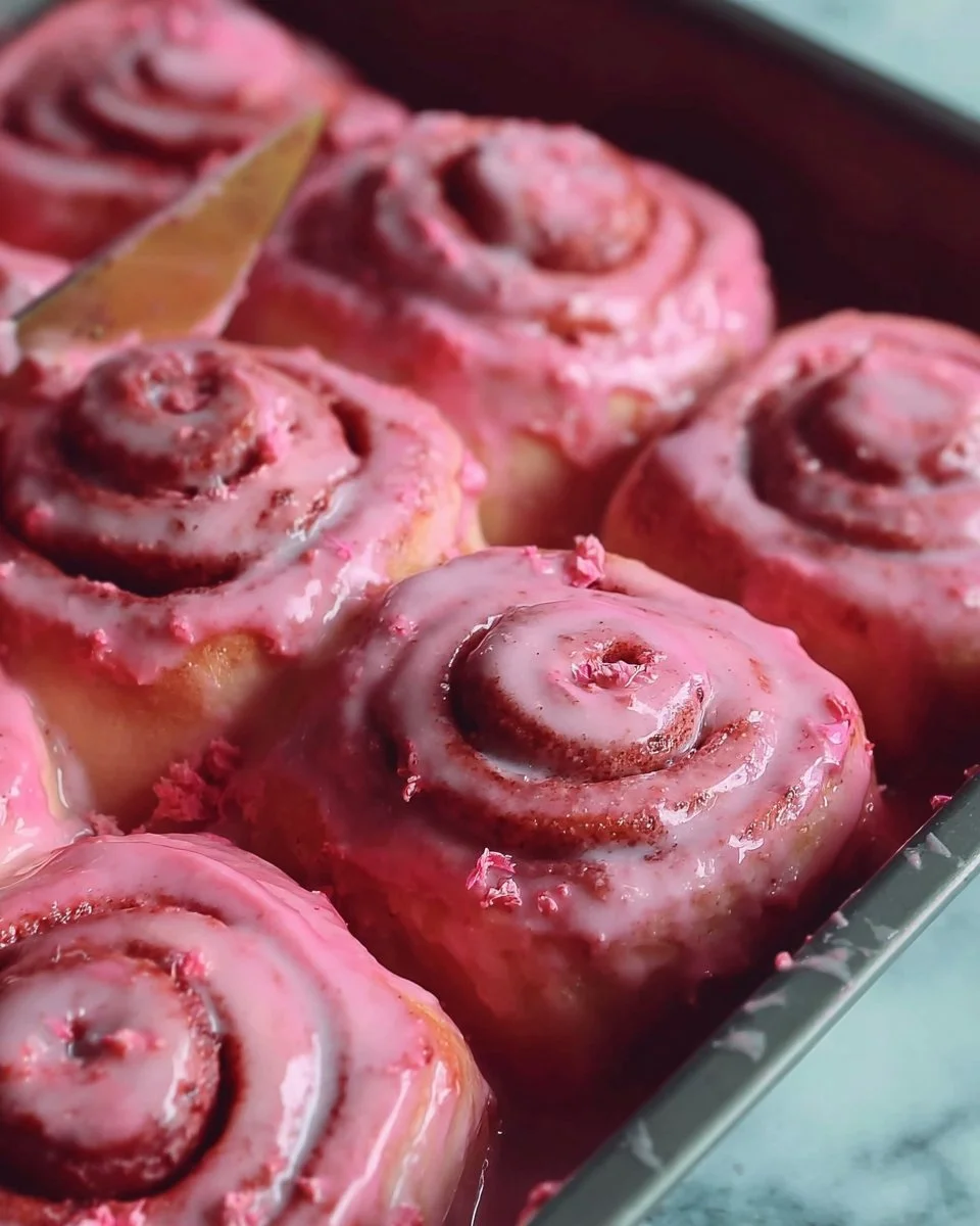 Pink velvet cinnamon rolls with cream cheese frosting