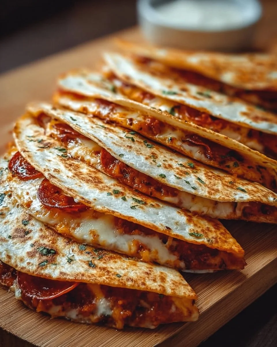 Delicious Pizza Quesadillas served with dipping sauce