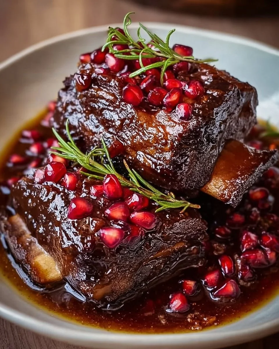 Pomegranate braised short ribs served with vegetables and garnish