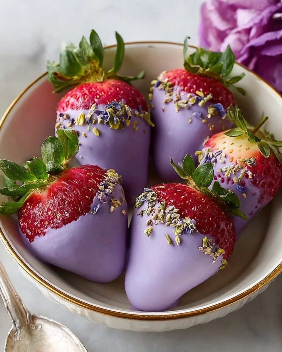 Pretty Lavender Chocolate Covered Strawberries 1 Lavender chocolate covered strawberries elegantly arranged on a platter