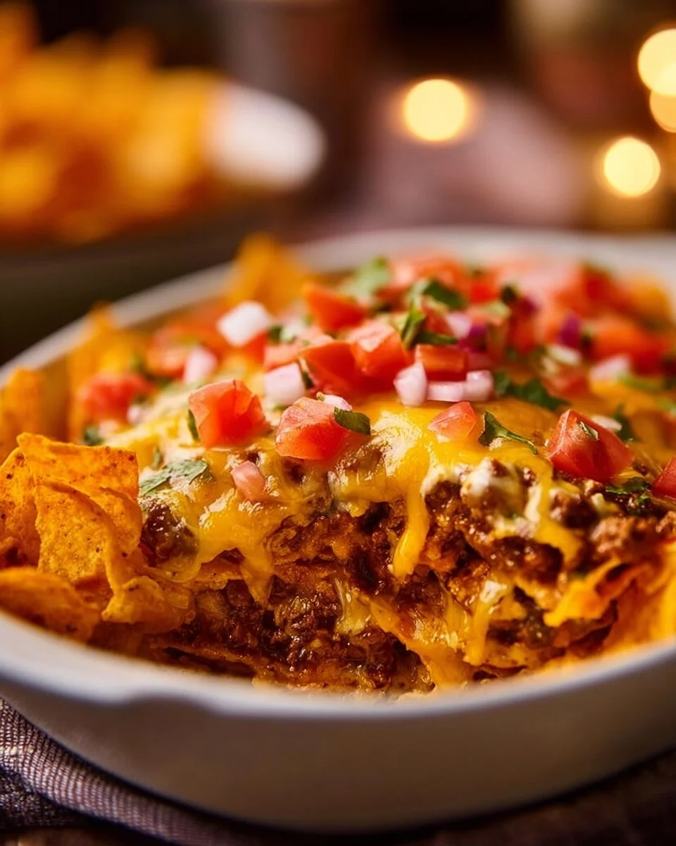 Delicious Doritos Taco Casserole topped with cheese and garnished with herbs
