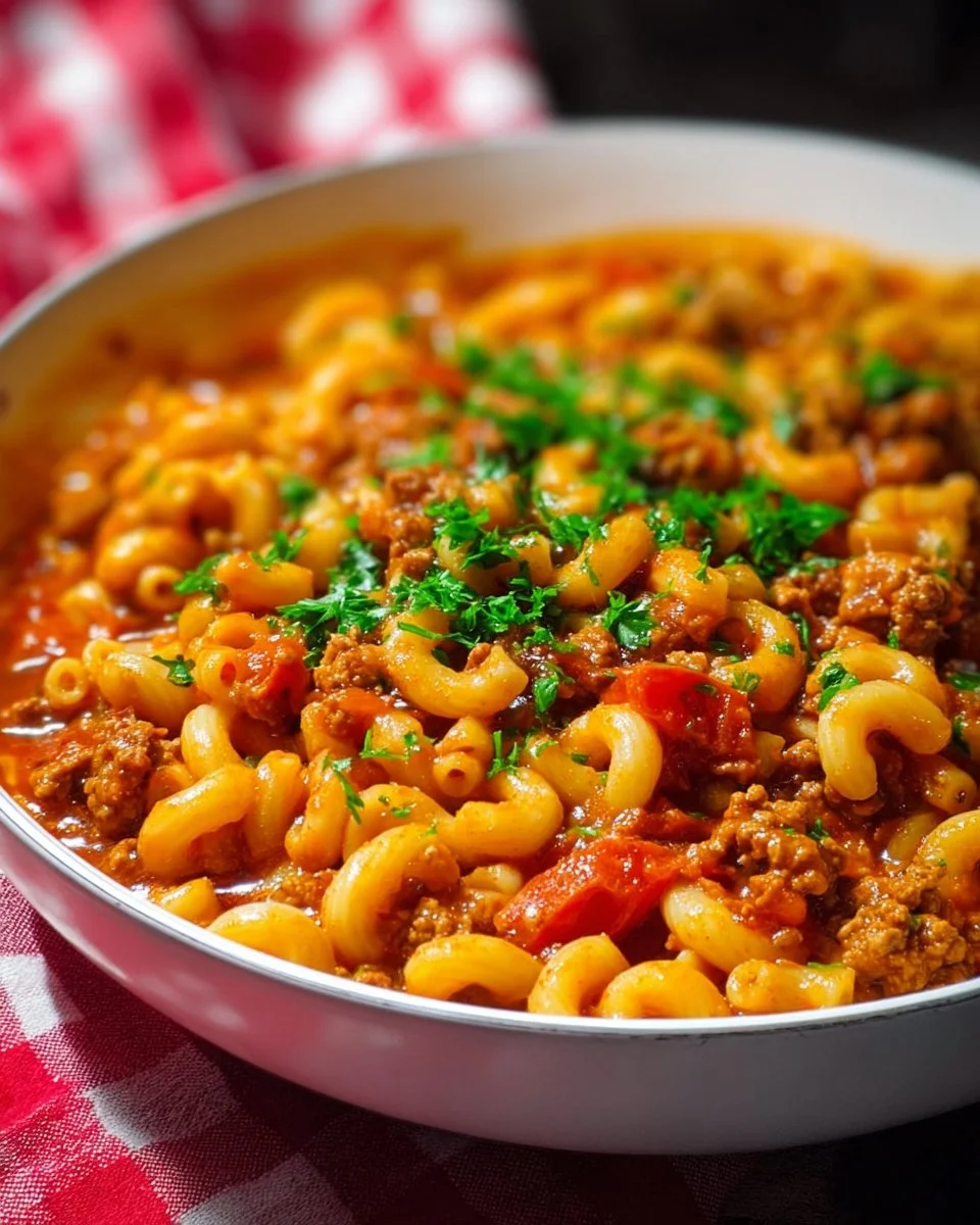 Bowl of quick ground turkey goulash with vegetables and pasta